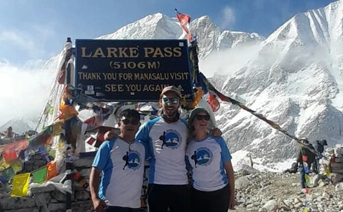 At the highest point of the Manaslu Circuit Trek, Larke La Pass (5,106 m).