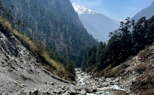 The glacial river during the Langtang Valley trek to Tsergo Ri or Kyanjin Ri